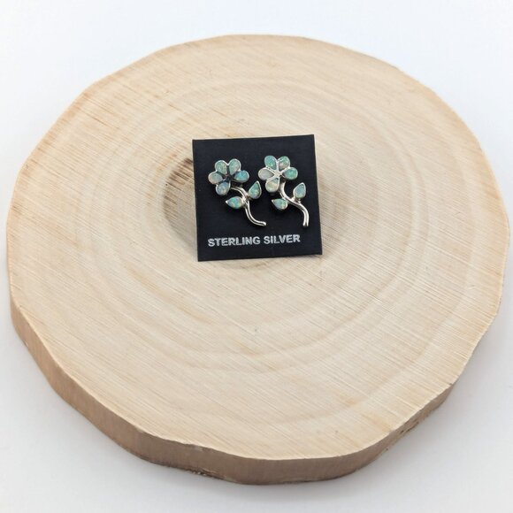 Handmade Native American Man-made White Opal Flower Stem Stud Earrings Jewelry** - Picture 1 of 12